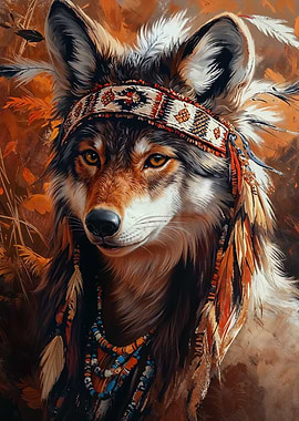 Wolf in Native American Headdress
