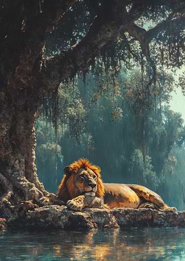 Lion Resting by Water