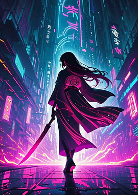 Cyberpunk Anime Girl holding Sword
