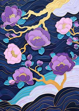 Floral Branch on Blue Waves