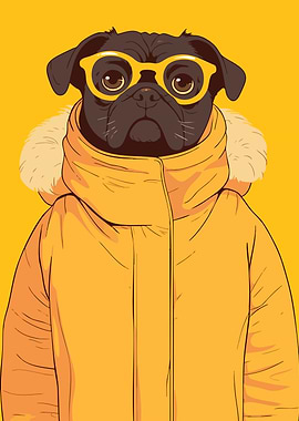 Pug in Yellow Jacket Fashion Minimalist Art Illustration