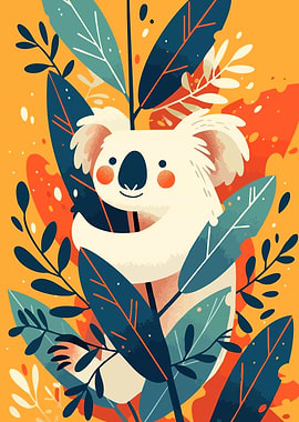 Koala in Leaves Nature Minimalist Art Illustration