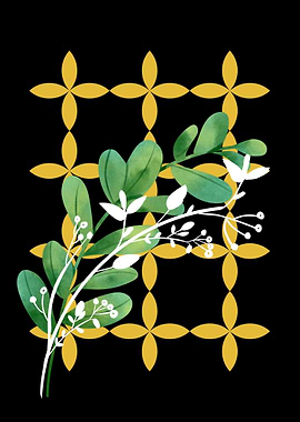 Floral Branch on Gold Grid