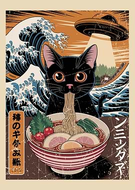 Cat Eating Ramen with UFO