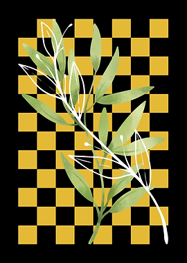 Green Branch on Checkerboard