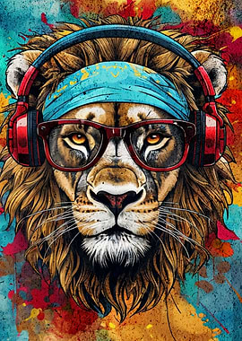Cool Lion with Headphones