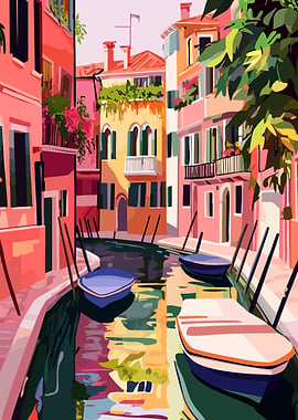 Pastel Venice Canal Scene Minimalist Art Illustration