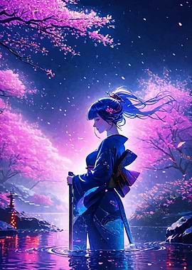 Anime Girl with Sword in Cherry Blossom