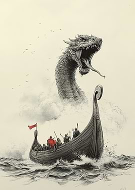 Viking Ship and Sea Serpent