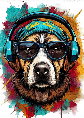 Dog with Headphones and Sunglasses