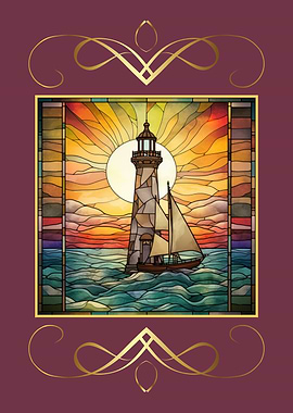 Stained Glass Lighthouse Plum Gold