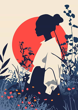 Silhouette Woman in Field Red Sun Minimalist Art Illustration