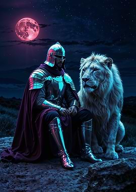 Knight and Lion Under Moon