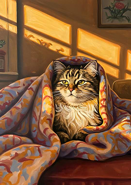 Cat in Blanket, Warm Sunlight