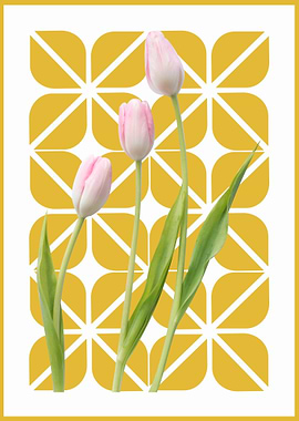 Pink Tulips on Yellow Background