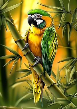 Green and Yellow Parrot on Bamboo