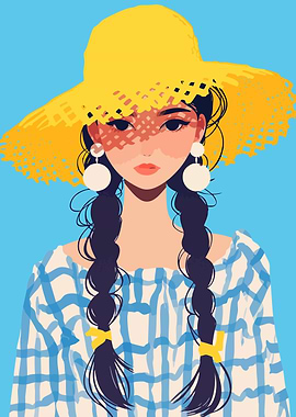 Girl in Summer Hat Minimalist Art Illustration