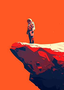 Astronaut on Martian Cliff Minimalist Art Illustration