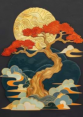 Bonsai Tree Over Gold Moon