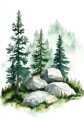 Watercolor Forest Scene