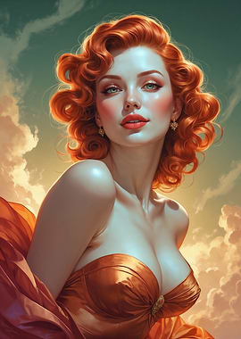 Redhead Pin-Up in Golden Dress