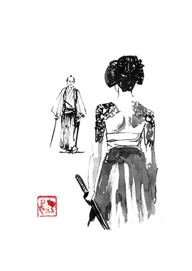 Samurai and Geisha Ink Painting