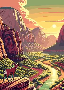 Zion Canyon Sunset with Bighorn Sheep