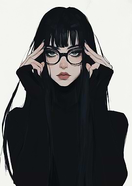Enigmatic Vision: Gothic Woman in Black with Glasses and Intense Stare