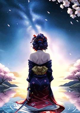 Anime Geisha in Kimono by Water