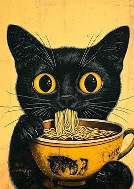 Black Cat Eating Ramen