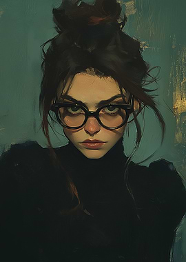Rebellious Gaze: Mysterious Woman in Glasses with a Fierce Expression