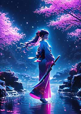 Anime Geisha in Night Ponds