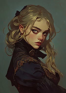 Regal Rebellion: Mysterious Blonde Woman in Ornate Dark Attire