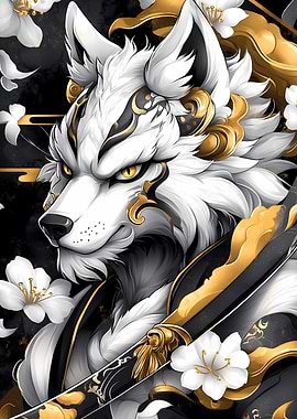 White Wolf with Gold Accents Animal