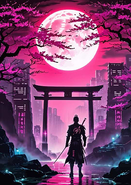 Neon Samurai Under Full Moon