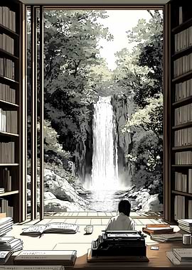 Waterfall View from Library Japanese