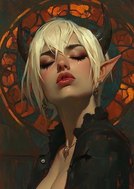 Sultry Demoness: Enchanting White-Haired Temptress with Horns and Fiery Glow