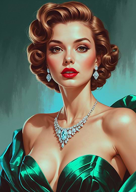 Glamorous Brunette Pin-Up in Green Dress