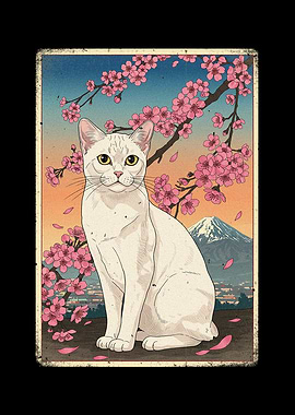 Japanese Cat with Cherry Blossoms