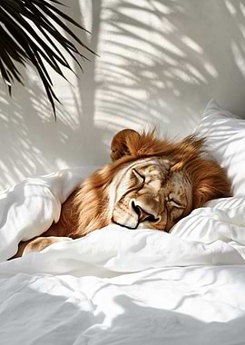 Lion Sleeping in Bed