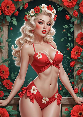 Blonde Pinup in Red Floral Bikini