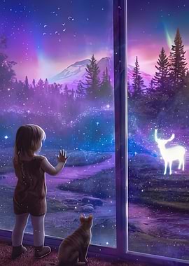 Girl Gazing at Magical Forest