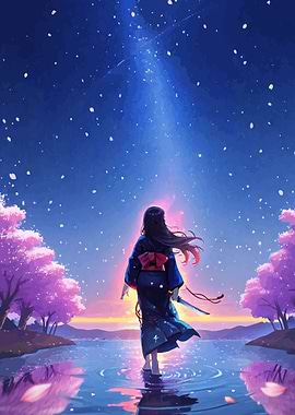 Anime Girl in Kimono Looking at Sky