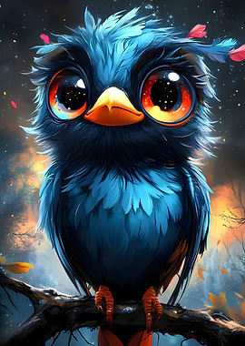 Cute Blue Bird with Big Eyes Animal