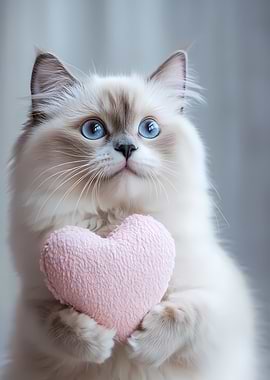 Cute White Cat Holding Heart