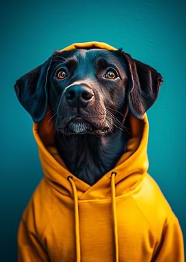 Black Dog in Yellow Hoodie