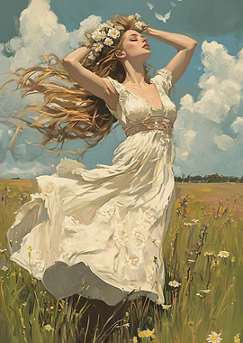 Sun-Kissed Serenity: Ethereal Woman in a Flower Meadow