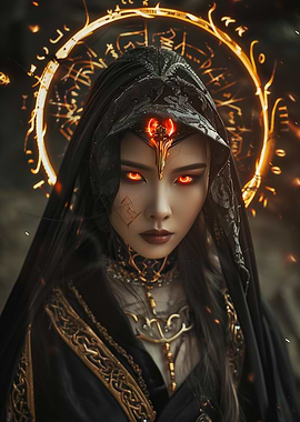 Seraphine, Watcher Between Worlds - Dark Sorceress with Fiery Halo