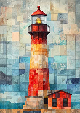 Lighthouse Watercolor Art | Patchwork Lighthouse at Sunset