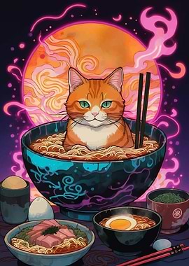 Orange Cat in Ramen Bowl